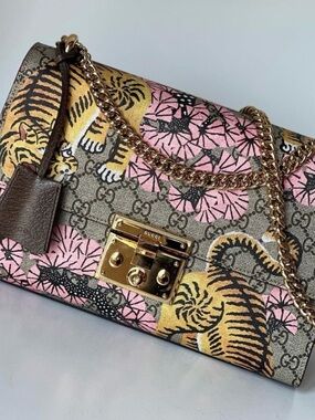 Gucci Pink Floral & Yellow Tiger GG Shoulder Bag with Gold Hardware